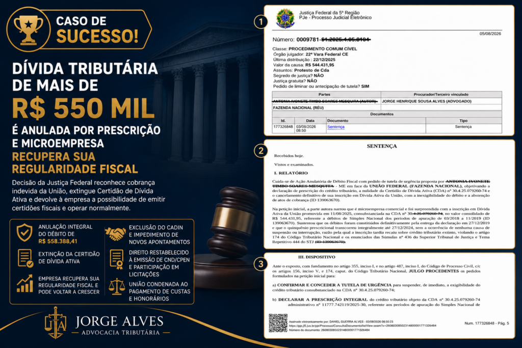 Dívida tributária de mais de R$ 550 mil é anulada por prescrição e microempresa recupera sua regularidade fiscal