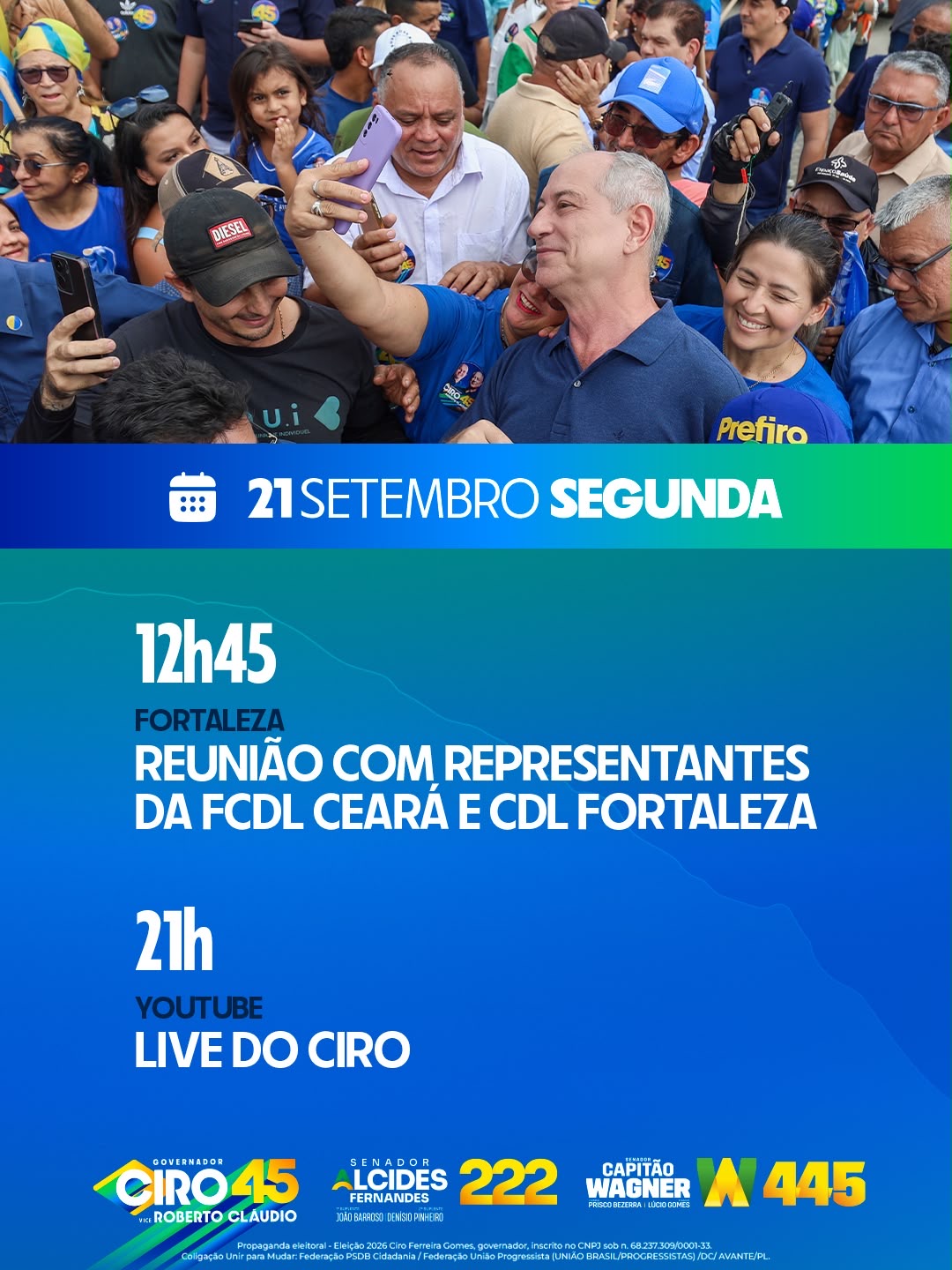 Ciro Gomes cumpre agenda em Fortaleza nesta segunda-feira