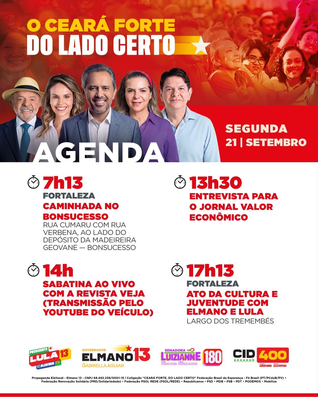 Elmano de Freitas cumpre agenda de campanha em Fortaleza nesta segunda-feira