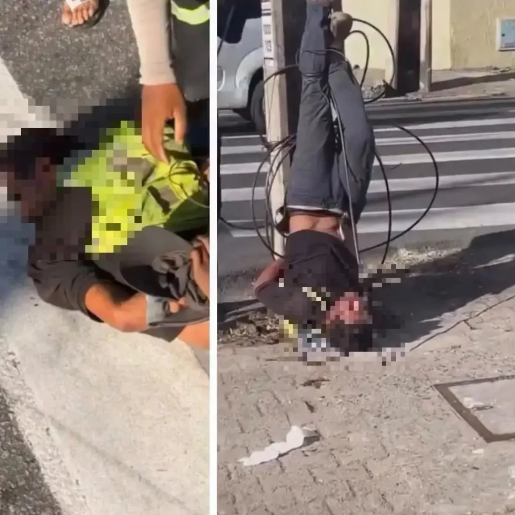 Populares reagem e amarram homem que tentou roubar celular de cabeça para baixo em poste
